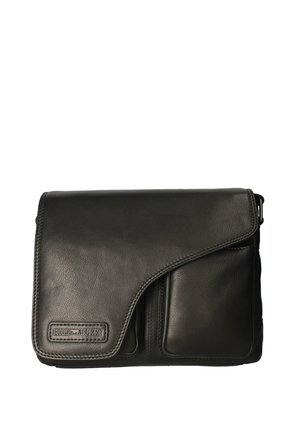 Borsa a tracolla in pelle nera con chiusura a patta, caratterizzata da una superficie texturizzata e una tasca frontale. Include un dettaglio di brand nella parte inferiore.