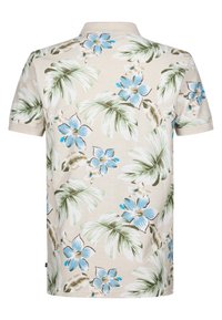 Polo a maniche corte di colore beige con motivo floreale. Presenta grandi foglie blu e verdi e fiori, colletto a maglia e tessuto morbido.