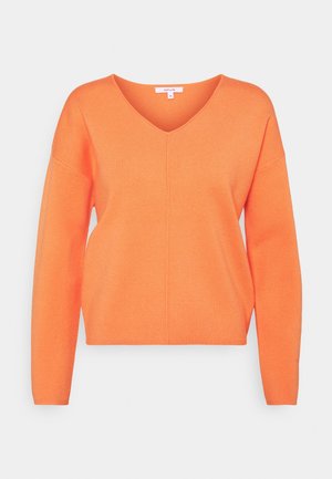 Long-sleeve, bright orange V-neck knit sweater with a central seam detail, displayed against a plain white background.
