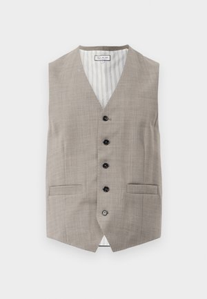 Gaiši pelēks žakets no teksturēta auduma, ar V veida kakla izgriezumu, sešām melnām pogām, divām priekšējām kabatām un svītrotu oderi.