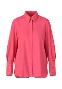 Pink blouse made of smooth fabric, featuring a classic collar, long sleeves with buttoned cuffs, and a straight-cut silhouette.