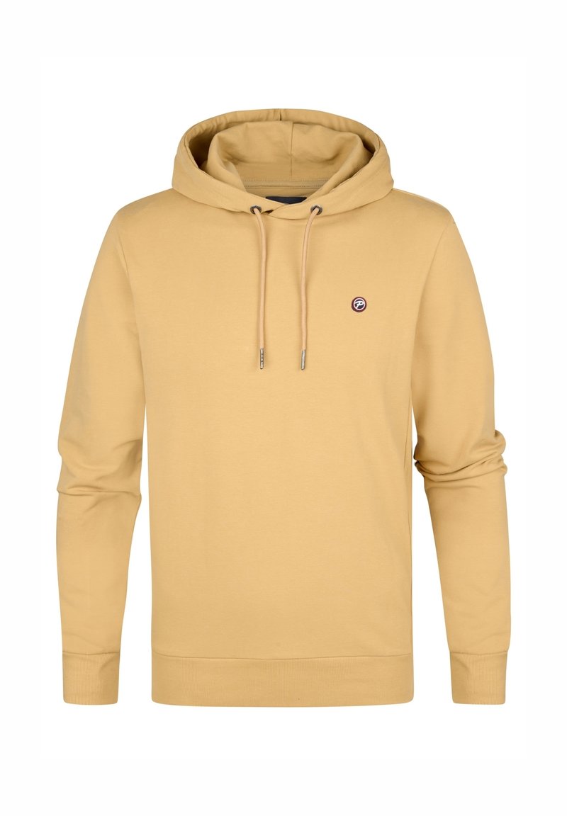 Hoodie beige à manches longues avec cordons de serrage à l'avant et un petit logo rond sur la poitrine gauche.