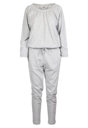 Set di abbigliamento da casa in cotone grigio con scollo ampio, maniche lunghe, vita elasticizzata con cordoncino e pantaloni a gamba affusolata in stile jogger.
