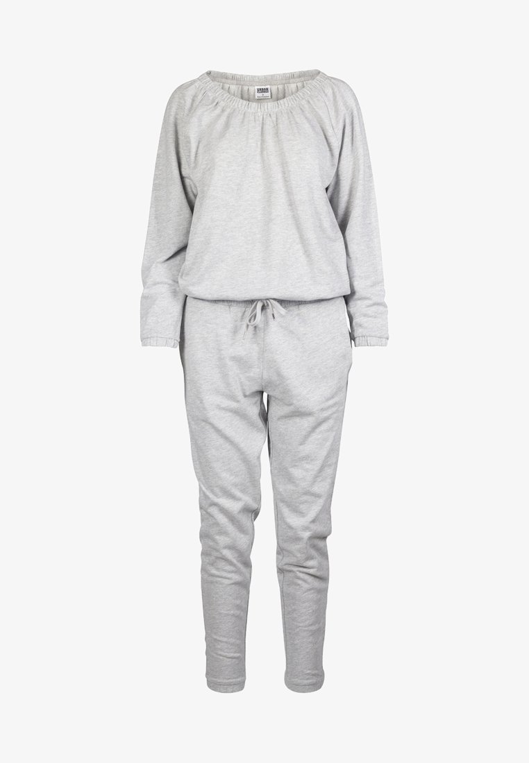 Ensemble de loungewear en coton gris comprenant un col large, des manches longues, une taille élastique avec cordon de serrage, et un pantalon jogger ajusté.
