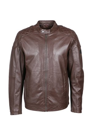 Brown leather jacket with a zip front, featuring a quilted pattern on shoulders and a stand collar. Smooth texture, minimalist design.