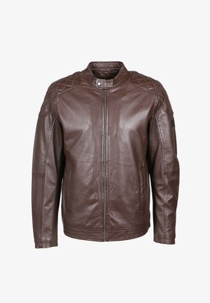 Brown leather jacket with a zip front, featuring a quilted pattern on shoulders and a stand collar. Smooth texture, minimalist design.