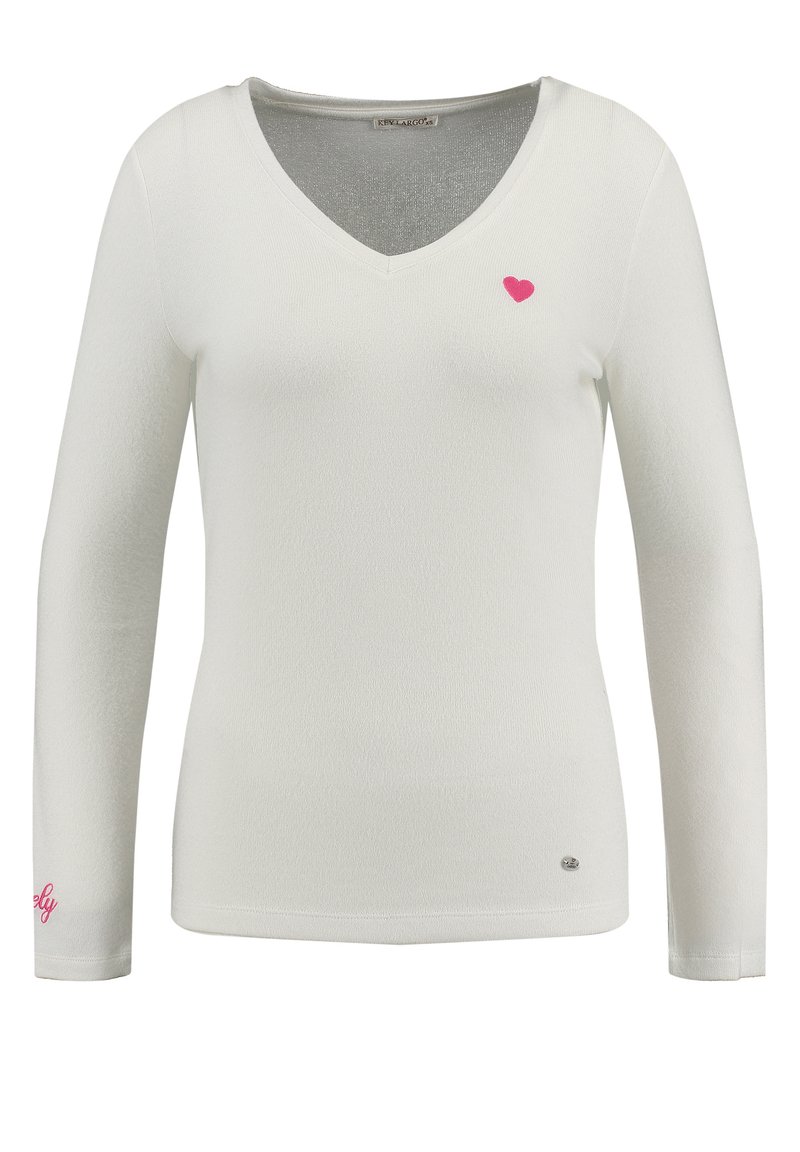 T-shirt bianco a maniche lunghe con scollatura a V realizzato in tessuto testurizzato. Presenta un piccolo cuore rosa sul petto e la scritta "Lovely" in rosa sul polsino.