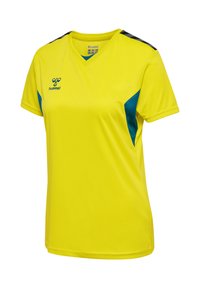Gul kortærmet sportstrøje med blå sidepaneler, sorte chevrons på skuldrene og Hummel-logo på brystet.