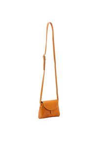 Piccola borsa a tracolla in pelle di un ricco arancione, con chiusura a pattina arrotondata, tracolla regolabile e texture liscia con cuciture sottili.