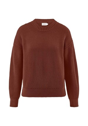 Roestkleurige ribgebreide trui met een ronde hals en drop shoulders, voorzien van een textuurafwerking en een ribgebreide zoom en manchetten.