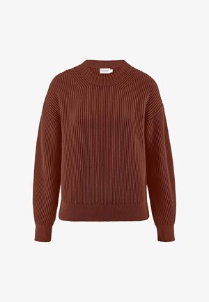 Roestkleurige ribgebreide trui met een ronde hals en drop shoulders, voorzien van een textuurafwerking en een ribgebreide zoom en manchetten.