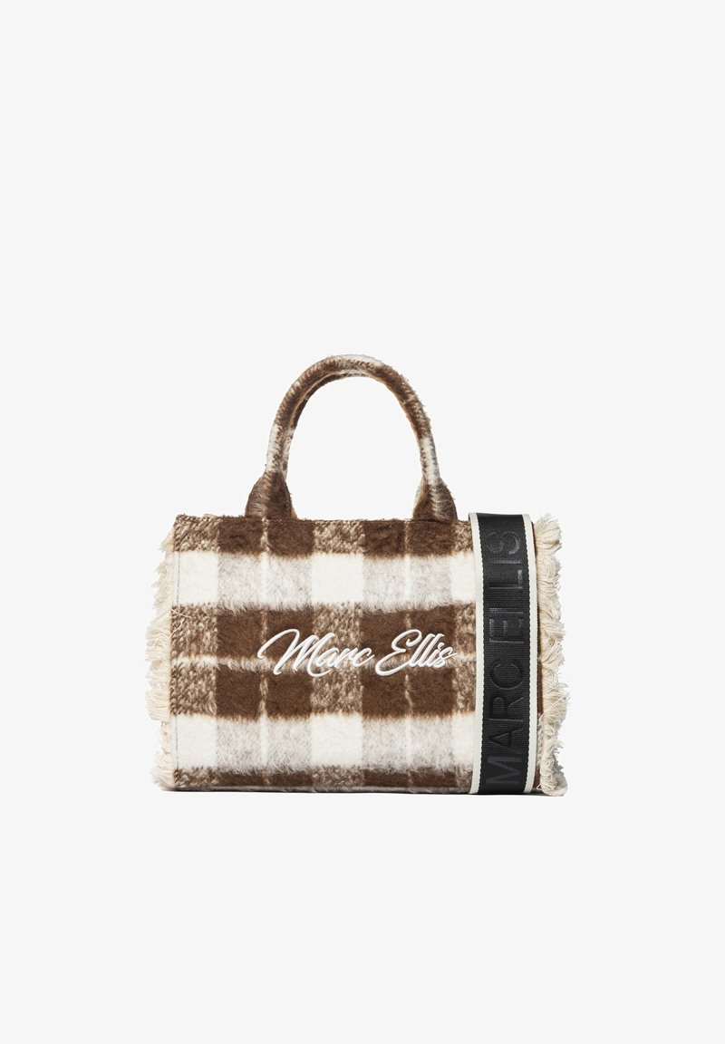 Bruin-wit geruit handtas gemaakt van pluche stof, met franjes aan de randen en een zwarte riem met het logo "Marc Ellis" erop gedrukt.