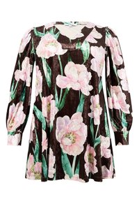 Bruine fluwelen blouse met lange pofmouwen. Heeft grote roze bloempatronen en groene bladeren, een v-hals ontwerp en een vloeiende silhouet.