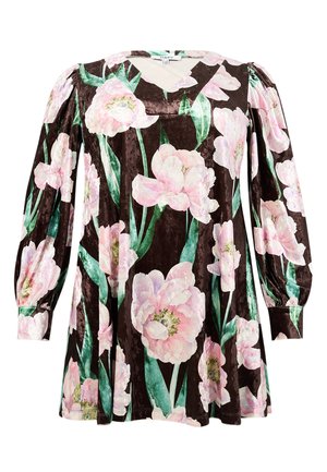Brun fløjl bluse med lange puffærmer. Har store rosa blomster mønstre og grønne blade, v-hals design og en let flydende silhuet.