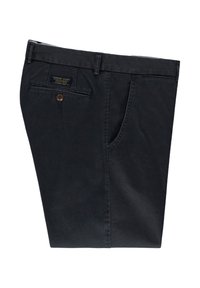 Donkerblauwe chinos van katoen, met een knoopsluiting, riemlussen en een achterzak met een label. Soepele textuur en op maat gemaakt ontwerp.