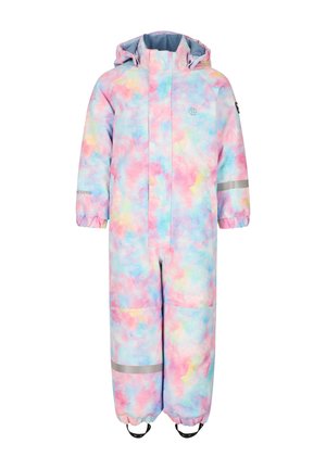Kinder sneeuwpak in één stuk met capuchon, elastische manchetten en een pastel tie-dye patroon in blauw, roze en geel met reflecterende banden op armen en benen.