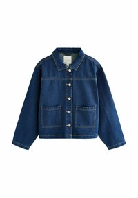 Dunkelblaue Jeansjacke mit Kragen, vorderem Knopfverschluss, zwei Fronttaschen und Kontrastnähten an Schultern und Taschen.