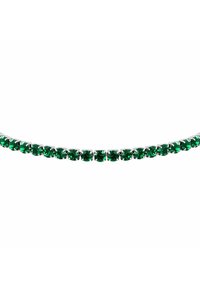 Collana di cristalli verde smeraldo con montatura in argento, caratterizzata da pietre taglio rotondo disposte in una linea continua, che presenta un design elegante.