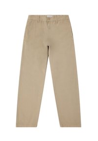 Pantaloni in cotone beige con design a gamba dritta, chiusura con bottone e dettagli di cucitura visibili. Nessun motivo o decorazione presente.