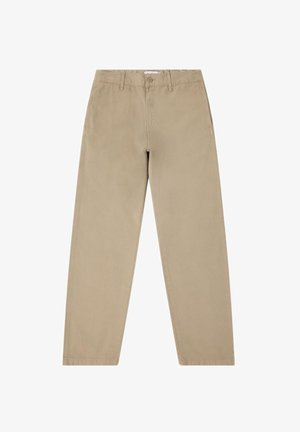 Pantaloni in cotone beige con design a gamba dritta, chiusura con bottone e dettagli di cucitura visibili. Nessun motivo o decorazione presente.