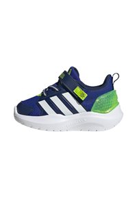 Kids' sneaker with a navy blue mesh upper, white stripes, green accents, and a textured heel. Features a white rubber sole and adjustable strap.