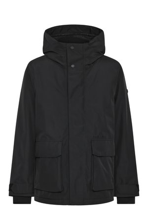 Zwarte, lange mouwjas met een capuchon; voorzien van drukknoopsluitingen, twee voorzakken en elastische manchetten; gemaakt van waterafstotend materiaal.