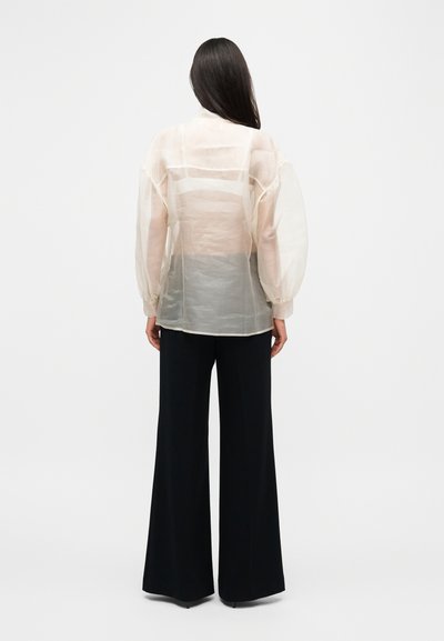 Διαφανής, ανοιχτό μπεζ μπλούζα με φουσκωτά μανίκια και διάφανο υφή, σε συνδυασμό με μαύρο παντελόνι φαρδιάς γραμμής.