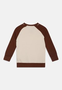 Brun och krämfärgad sweatshirt med långa ärmar, raglan-design, ribbad mudd och halsringning. Mjuk tyg; enfärgad utan synliga mönster eller detaljer.