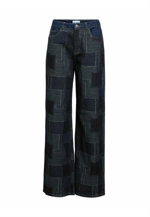 Wijdvallende spijkerbroek in donkerdenim met een geometrisch patroon, met verschillende texturen en lijnen, en een klassiek vijfzakkenontwerp.