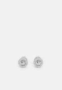 Silver-tone stud earrings with a circular design, featuring a central MK logo and a glittering rhinestone border. Smooth metal finish.