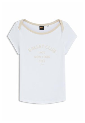 White cotton T-shirt with short sleeves, round neckline, featuring beige trim and front print: "BALLET CLUB 1977 NEW YORK CITY." Smooth texture.