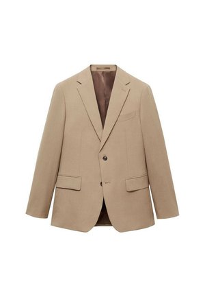 Beige tailored blazer with notch lapels, two front pockets, and a single button closure, featuring a smooth brown lining.