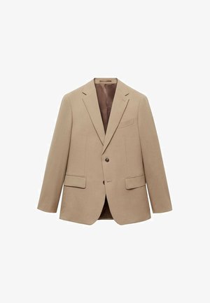Beige skræddersyet blazer med slaglapeller, to frontlommer og lukning med en enkelt knap, med en glat brun foring.
