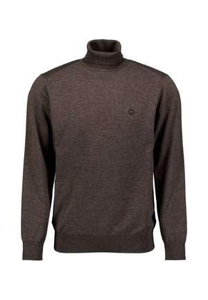 Bruine coltrui gemaakt van zacht gebreid materiaal, met lange mouwen, geribbelde manchetten en een klein logo op de borst.