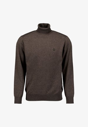 Bruine coltrui gemaakt van zacht gebreid materiaal, met lange mouwen, geribbelde manchetten en een klein logo op de borst.