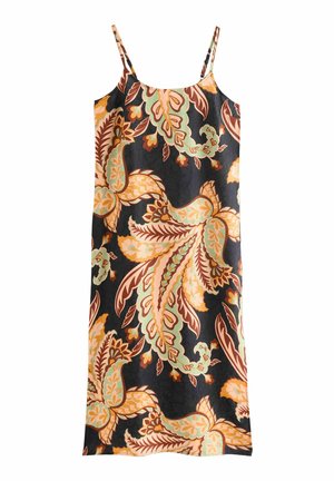 Ärmelloses Kleid aus schwarzem Stoff mit großen paisley-blumigen Mustern in Rost, Teal und Creme. Glatte Textur mit verstellbaren Trägern.