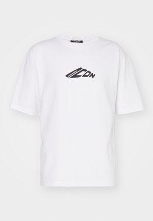 T-shirt en coton blanc avec un logo graphique noir sur la poitrine. Manches courtes, encolure ras du cou et coupe décontractée.