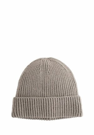 Knit beanie in light gray, featuring a folded ribbed brim and smooth texture, with a rounded top and subtle vertical stitch patterns.