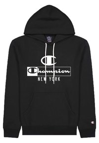 Felpa con cappuccio nera caratterizzata da un grande logo bianco "Champion" e dalla scritta "NEW YORK". Include cordini e tasca frontale a marsupio.