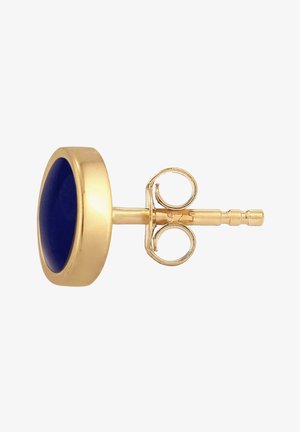 Guldørestik med en mørkeblå cirkulær midte og sommerfuglebeslag stemplet "925" for sterlingsølv.