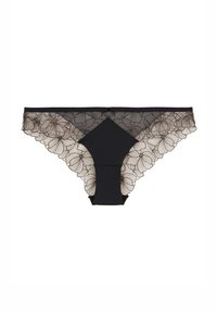 String en dentelle noire avec des motifs floraux sur les bords, et un panneau central noir uni. Détails délicats avec un petit accent.