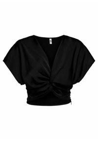 Top corto nero con maniche larghe e corte e un dettaglio a torsione sul davanti. Realizzato in un tessuto morbido con un design drappeggiato e una vestibilità casual.