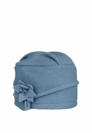 Soft blue woolen hat with a folded band and a decorative fabric flower on the side, displayed against a white background.