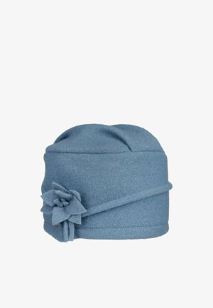 Soft blue woolen hat with a folded band and a decorative fabric flower on the side, displayed against a white background.