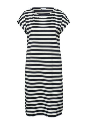 Schwarz-weiß gestreiftes Kurzarmkleid mit rundem Ausschnitt, gerader Silhouette und mittellanger Oberschenkellänge.