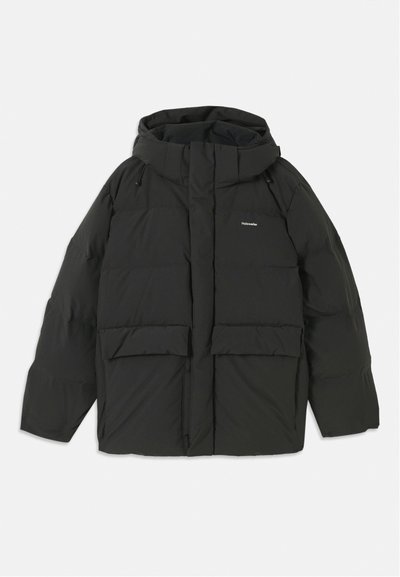 Black puffer jacket with a hood. Features a zip front, two large front pockets, and a smooth, quilted texture. Logo on the chest.
