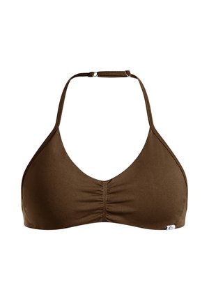 Braunes Halterbikini-Oberteil mit einer gerafften Textur in der Mitte und verstellbaren Trägern. Verfügt über ein kleines Logotag an der unteren Seite.