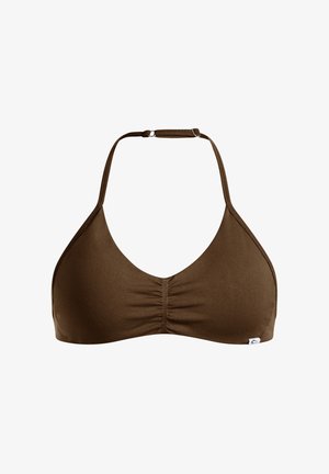 Haut de bikini halter marron avec une texture froncée au centre et des bretelles réglables. Présente une petite étiquette de logo sur le côté inférieur.