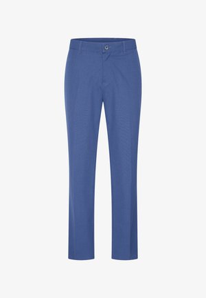 Blauwe op maat gemaakte broek van gladde stof. Voorzien van een ritssluiting, knoopsluiting en twee voorzakken. Rechtdoor ontwerp.