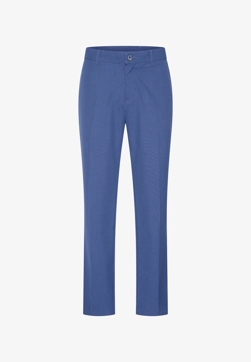 Siniset räätälöidyt housut, jotka on valmistettu sileästä kankaasta. Varustettu vetoketjuluupilla, nappisuljennalla ja kahdella etutaskulla. Suorat lahkeet.